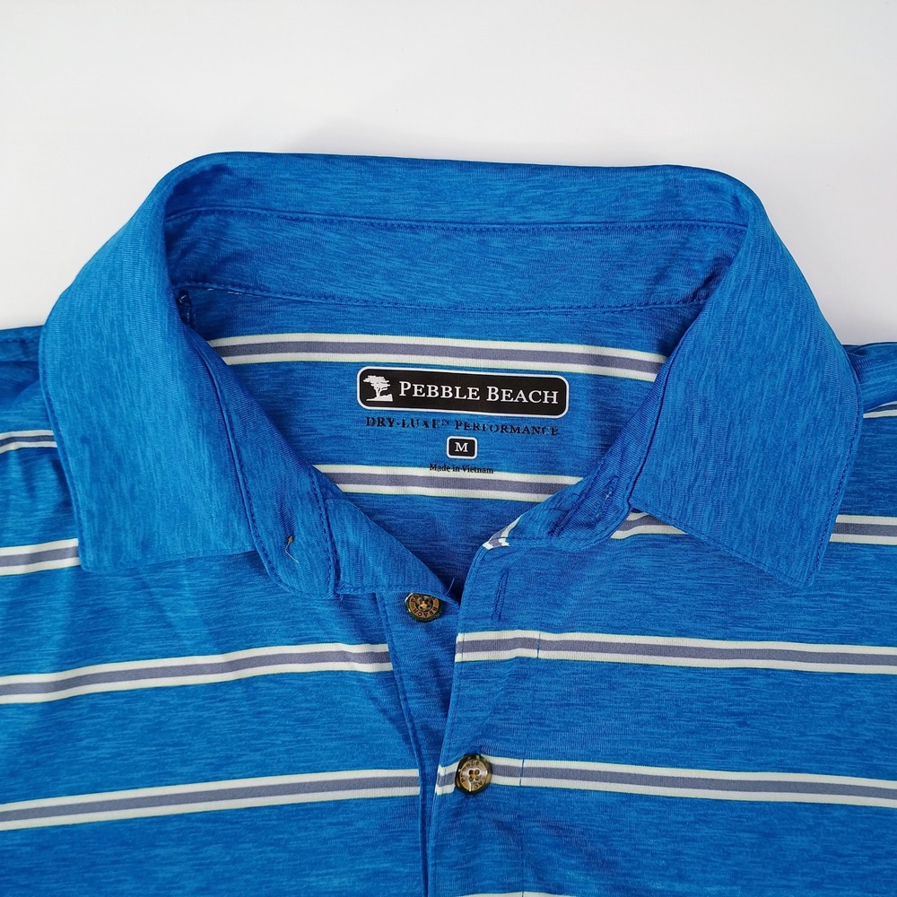 Pebble Beach Dry-Luxe Performance Mens Blue Striped Golf Polo Shirt Size M